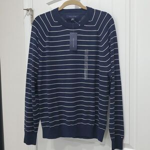 NWT TOMMY HILFIGER MEN'S CREW NECK NAVY BLUE STRIPED SWEATER SIZE LARGE